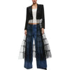 Solid Color Lapel Dress Elegant Satin A-line Coat Dress with Mesh Patchwork Turn-down Collar for Women's Stage Show Long Sleeve