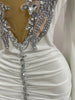 Sparkly Crystals Sexy Mesh White Velvet Short Dress Women Elegant Evening Prom Birthday Party Dresses Stage Costume