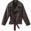 Retro Solid Lace Up Leather Short Jackets Women Chic Lapel V-neck Waist Cinching Cropped Jackets Lady Daily High Street Outwear