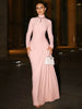 Autumn Elegant High Collar Long Sleeve Ruched Slim Fit Long Dress Women'S Solid Casual Party Club Street Clothes