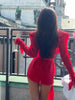 Light Blue Chiffon Short Dress Women Chic Solid Deep V-neck Crop Top Long Ruffle Fringe Slim Fit Dresses Lady Club Party Wear