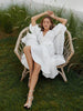 100% Cotton V-neck Waist Cinched Dress Unique Lantern Sleeve Sexy Slit Long Skirt Women's Casual Dresses