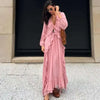 Casual Solid Ruffles Patchwork Robe Women Minimalist Full Sleeve Mesh Loose Fit Lace Up Maxi Dress Vacation Daily Date Wear
