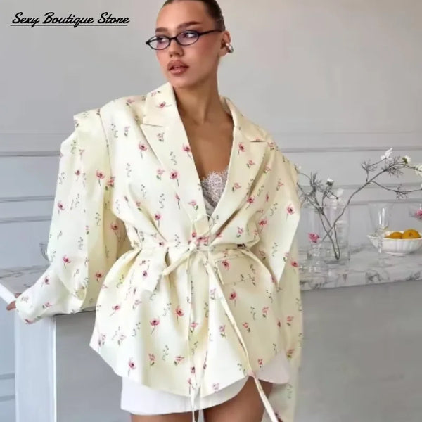 Chic Oversize Floral Printed Women Jacket Padded Lapel Lace Up Loose Coat Long Sleeve High Waist Outwears Lady Streetwear