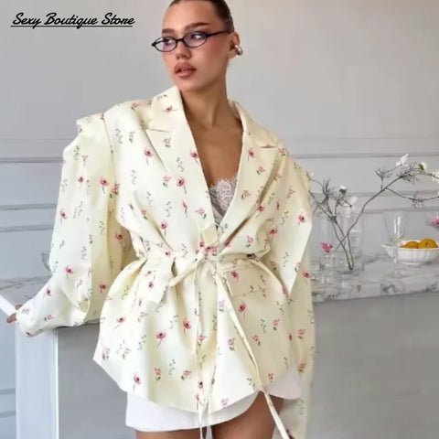 Chic Oversize Floral Printed Women Jacket Padded Lapel Lace Up Loose Coat Long Sleeve High Waist Outwears Lady Streetwear