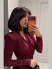 Sexy Burgundy Deep V-neck Mini Dress Women Elegant Full Sleeve Shoulder Pads Pleated Slim Short Dresses Lady Evening Party Gowns
