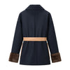 Women Color Block Short Wrap Coat Lapel Collar Waist Tie Faux Fur Cuffs Long Sleeve Loose Elegant Fall Winter Daily Outerwear
