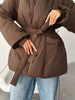 Elegant Women's Padded Jacket With Belt Winter Lace Up Waist Cinching V Neck Warm Coats Lady Casual Street Outerwear