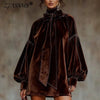 Retro Solid Soft Velvet Elegant Party Dresses Woman Sexy Bowknot Turtleneck Mini Dress Autumn Winter Lantern Sleeve A-Line Dress