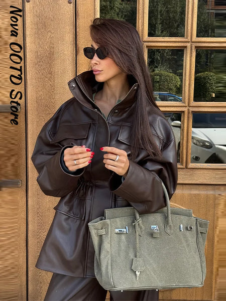 Street Waist Cinching Leather Jacket Women Loose Solid Stand Collar Zipper Pocket Jackets Spring Lady Outwear