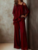 Women Casual Bat Sleeve Chiffon 2Pc Outfits Commuting Wide Legger Suits Sexy Slanted Shoulder Irregular Tops & Pant Set