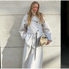 Retro Solid Stand Collar Long Tweed Coat Women Large Lapel Single Breasted Coats With Belt Lady Chic Street Outwear