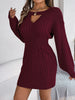 Autumn Winter Solid Color Woolen Dress O-Neck Lantern Long Sleeve Hollow Out Knitted Mini Dresses Woman Clothing