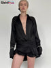 Tierred Dress Woman Autumn See-Through Solid Turn-Down Collar Shirt Ruffles Chic Long-Sleeve Chiffon Bodycon