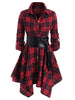 Gothic Casual Dress Women Red Plaid Belted Roll Tab Sleeve Handkerchief Dress Vestidos Autumn Long Sleeve A-Line Party Dress