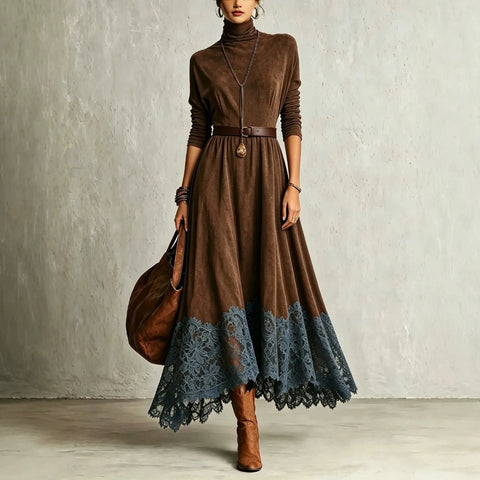 Women Vintage Boho Turtleneck Long Sleeve Maxi Dress Lace Hem Sashes Waist Flowy Long Dress Fall Winter Elegant Ladies Robe