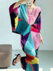 Pleated Batwing Sleeves Dress For Women's Autumn High End And Relaxed Print V-neck Holiday Dresses 17G1980