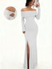 Women's Off-Shoulder Bodycon Dress - Long Sleeve High Slit Bandage Dress, Chic Figure-Hugging Midi