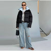 Solid Hooded Cropped Puffer Jacket Women Stand Collar Snap Button Loose Long Sleeve Jackets Winter Casual Warm Padded Coat