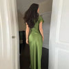 Olive Green Satin Maxi Dress Women Elegant Shawl Design Lace Trim Asymmetrical Hem Ruched Bodycon Formal Dinner Gown