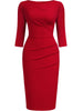 Womens Elegant Crew Neck 2/3 Sleeve Work Office Knee Length Solid Business Casual Party Ruched Pencil Bodycon Sheath Dress