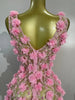 Women Evening Party Club Birthday Dress Pink Pearl Flower Mesh Sexy See Through Mini Dress Nightclub Photoshoot Stage Costumes