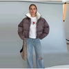 Solid Hooded Cropped Puffer Jacket Women Stand Collar Snap Button Loose Long Sleeve Jackets Winter Casual Warm Padded Coat