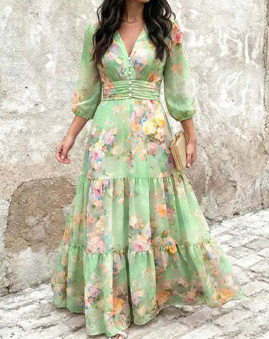 Women's Dress Spring Watercolor Flower V-Neck Shirt High Waist Lantern Sleeve A-Line Ruffle Chiffon Holiday Dress