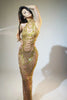 Sparkly Gold Rhinestone Sexy Transparent Mesh Long Dress Women Birthday Party Gown Stage Singer Performance Costume
