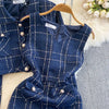 Autumn Dress Suit Women Korean Chic Blue Tweed Jacket + Vest Dress Elegant 2 Piece Set Long Sleeve Cropped Coat