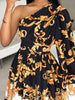Women's Off The Shoulder Waist Printed Dress with Oblique Shoulder Single Long Sleeve Elegant A-line Dress