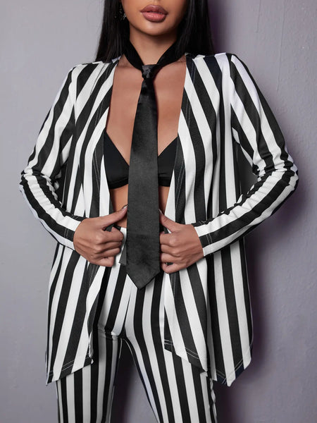 Black and white striped women's suit Jacket Niche Spring holiday party suit jacket Women's casual loose coat