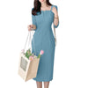 Elegant Women Slim Knee-length Dress Square Neck 3/4 Sleeve Seamed Party Vestidos Casual Commute Solid Short Robe