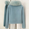 Winter Outerwear Women Cropped 100% Pure Wool Jacket Oversized Real Fox Fur Collar Zip Up Short Wool Coat Female