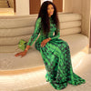 Women's Retro Print Turtleneck Long Sleeve Waistband Pleated Big A-Line Long Dress