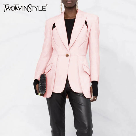 Patchwork Button Slim Blazer For Women Notched Collar Long Sleeve Spliced Pockets Hollow Out Designer Coat Female