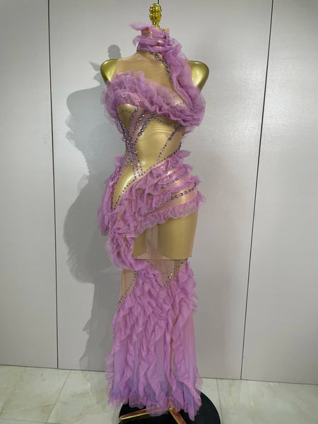 Sparkly Rhinestone Ruffled Mesh See-Through Long Dress Women Birthday Eveing Party Sexy Photo Shoot Nightclub Bar Stage Costume