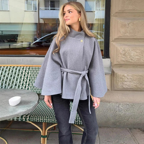 Autumn Elegant Coat Femme Lace Up Slim Woolen Coats Tops Street Casual Solid Turtleneck Jacket Women