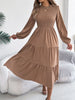 Women's Spring Vacation Solid Color Round Neck Long Sleeve Midi Dress with Ruffled Waist