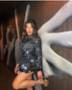 Women Sparkly Sequins Mirror Long Sleeve Mesh Sexy Mini Dress Night Party Club Dancer Performance Celebrity Stage Outfit