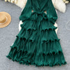 High End Party Ruffles Runway Dresses Women Lantern Sleeve Lace-up Loose Stretch Celebrity Beautiful Long Dress