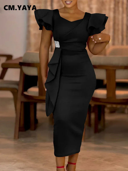 Women Short Ruffles Sleeve O-neck Ribbon Bodycon Midi Dress Street Africa OL Evening Sexy Party Dresses Vestido