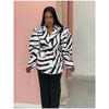 Women's Brown White Zebra Print Lapel Blazer Vintage Wide Stripe Thick Velvet Loose Suit Jacket Autumn High Street Outwear