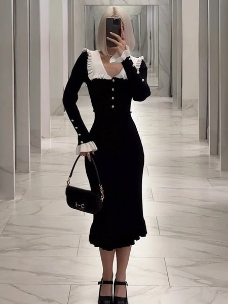 Ruffled Patchwork Knit Maxi Dress For Women Elegant Ribbed Long Sleeve Party Dress Gown Slim Knitwear Long Dress
