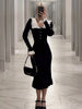 Ruffled Patchwork Knit Maxi Dress For Women Elegant Ribbed Long Sleeve Party Dress Gown Slim Knitwear Long Dress