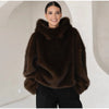 Women Dark Brown Faux Fur Coat Stand Neck Zipper Loose Solid Pullover Spring Chic Lady Casual High Street Outwear