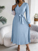 Spring Autumn Elegant Buttons V Neck Lantern Long Sleeve Lace Up Pleated Dress Khaki Blue Red Green Black Women Dresses