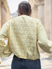 Women Yellow Jacquard Bomber Jacket Round Neck Zipper Long Sleeve Loose Cropped Coat Lady High Street Daily Outerwear