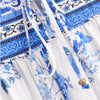 Boho White Blue Totem Print Bow Lacing up Neck Long Straight Dress Women Viscose Cotton Full Sleeve Maxi Robe Holiday
