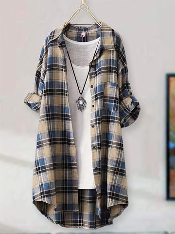 Women's Vintage Red Plaid Long Shirt Dress, Casual Loose Fit Button Down Blouse, Roll Up Long Sleeve Lapel Collar Pocketed Tunic